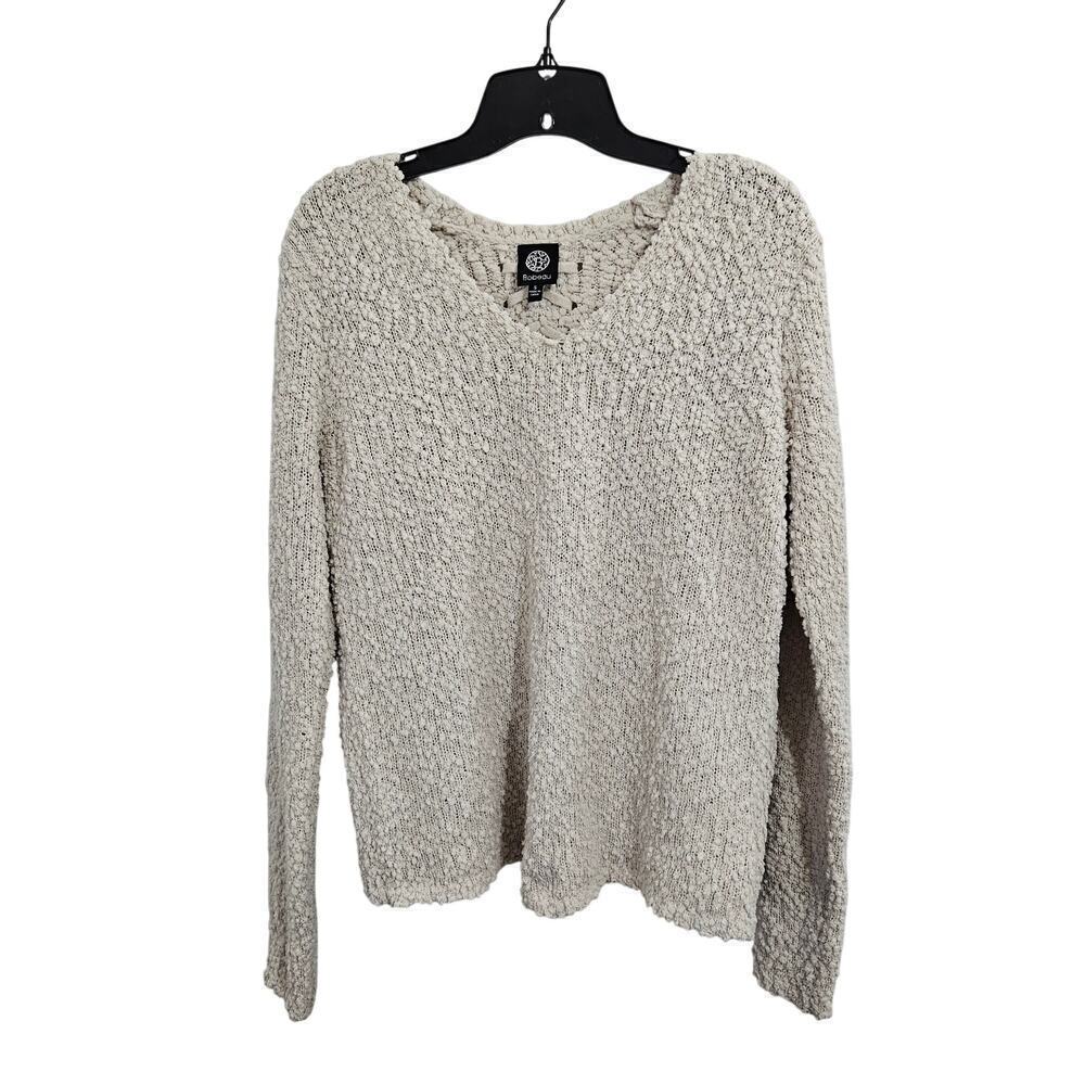 Bobeau Lace-up Back Textured Soft-Knit V-Neck Sweater Slit Hem. Size Small. - Picture 3 of 6